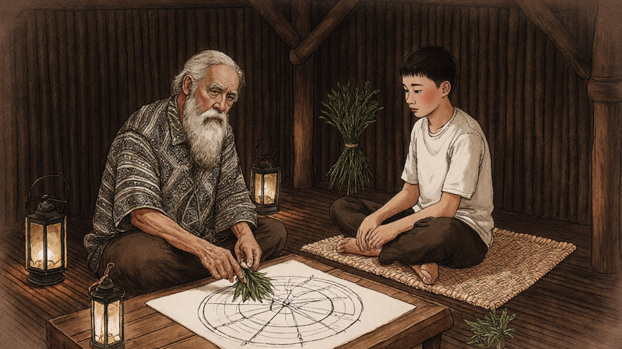 Älterer Heiler unterrichtet einen Schüler die Hilot‑Techniken in einer Bambushütte.