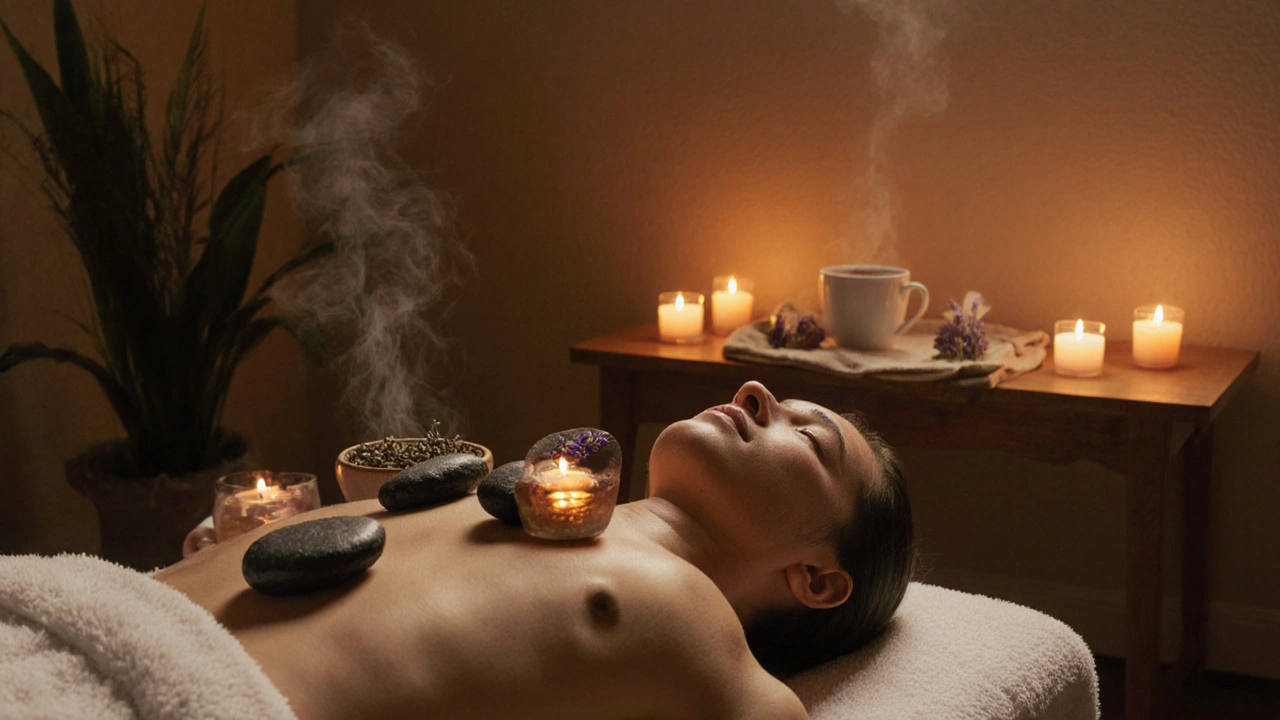 Entspannte Person mit warmen Basaltsteinen im Therapie‑Raum, Kerzen und Tee.