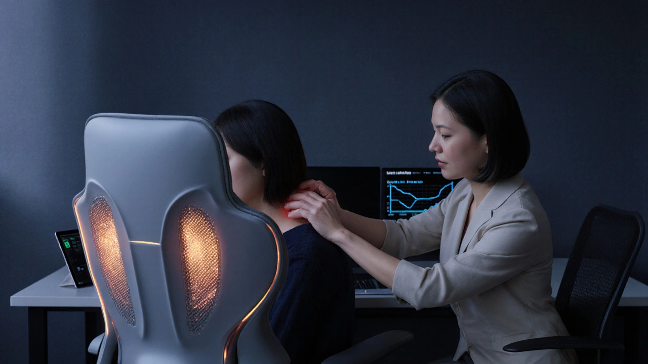 Modernes Bürostuhl-System mit integrierter Massagefunktion und menschlichem Therapeuten, der gleichzeitig die Schultern massiert, während ein Biofeedback-Display die Wirkung zeigt.