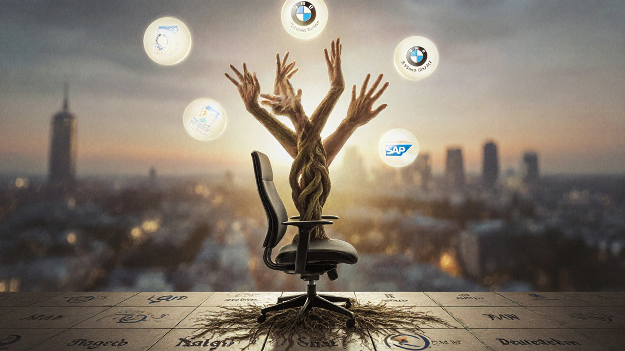 Symbolischer Baum wächst aus einem Bürostuhl, mit Händen als Ästen und Lichtkugeln für Entspannung — eine Metapher für die Zukunft der Arbeitsgesundheit.