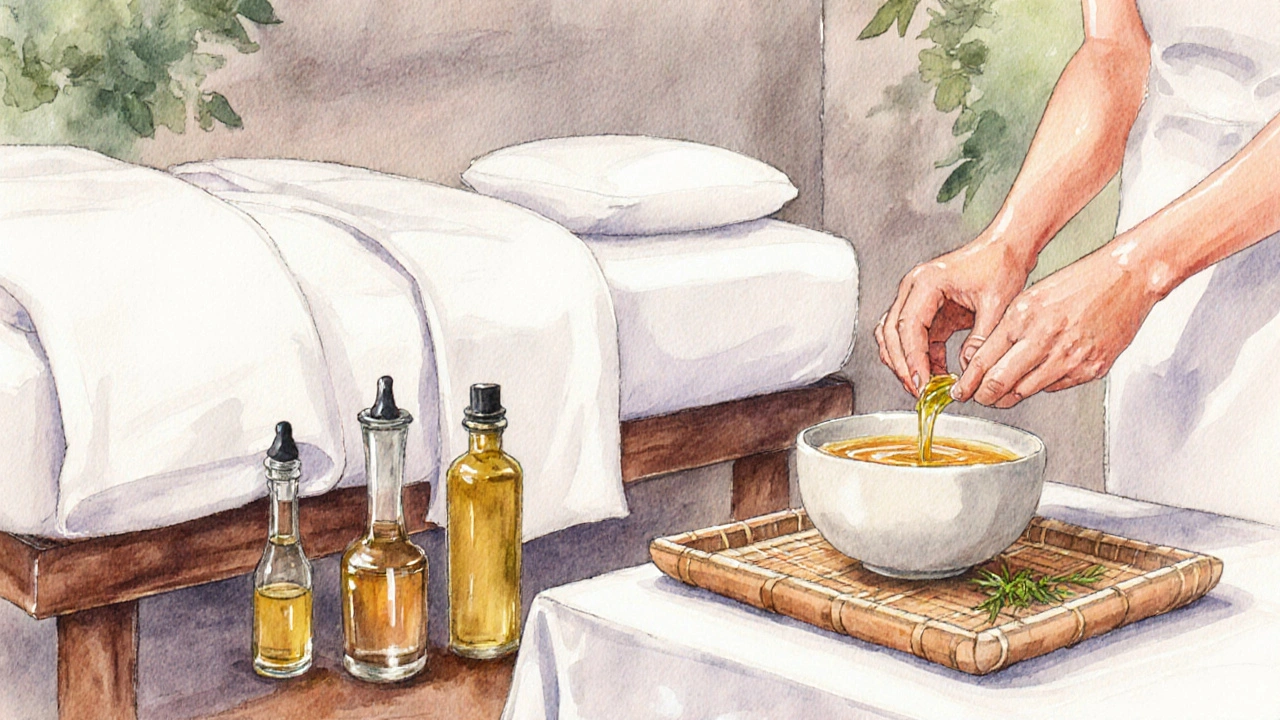 Vorbereitung für Balinesische Massage: Öle, Handgelenke und Leinentisch in Aquarellstil.