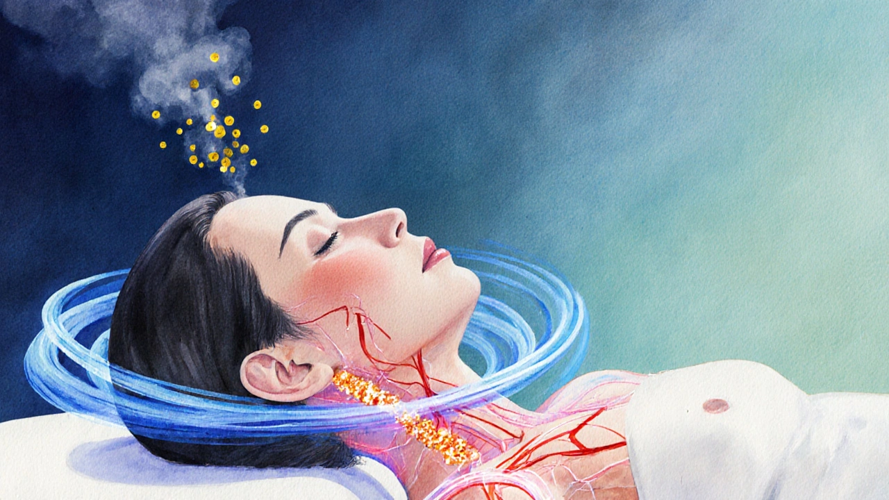 Wasserfarben‑Bild zeigt verbesserte Durchblutung, lockere Muskeln, Endorphine und Aromatherapie nach Laos‑Massage.