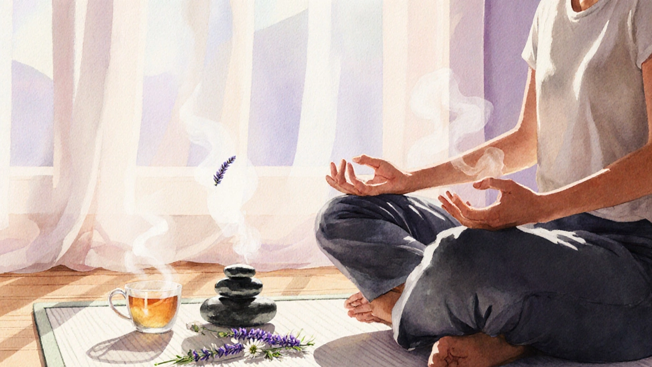 Wasserfarben‑Illustration: Person sitzt mit Steinen, Tee und Lavendel im Sonnenlicht.