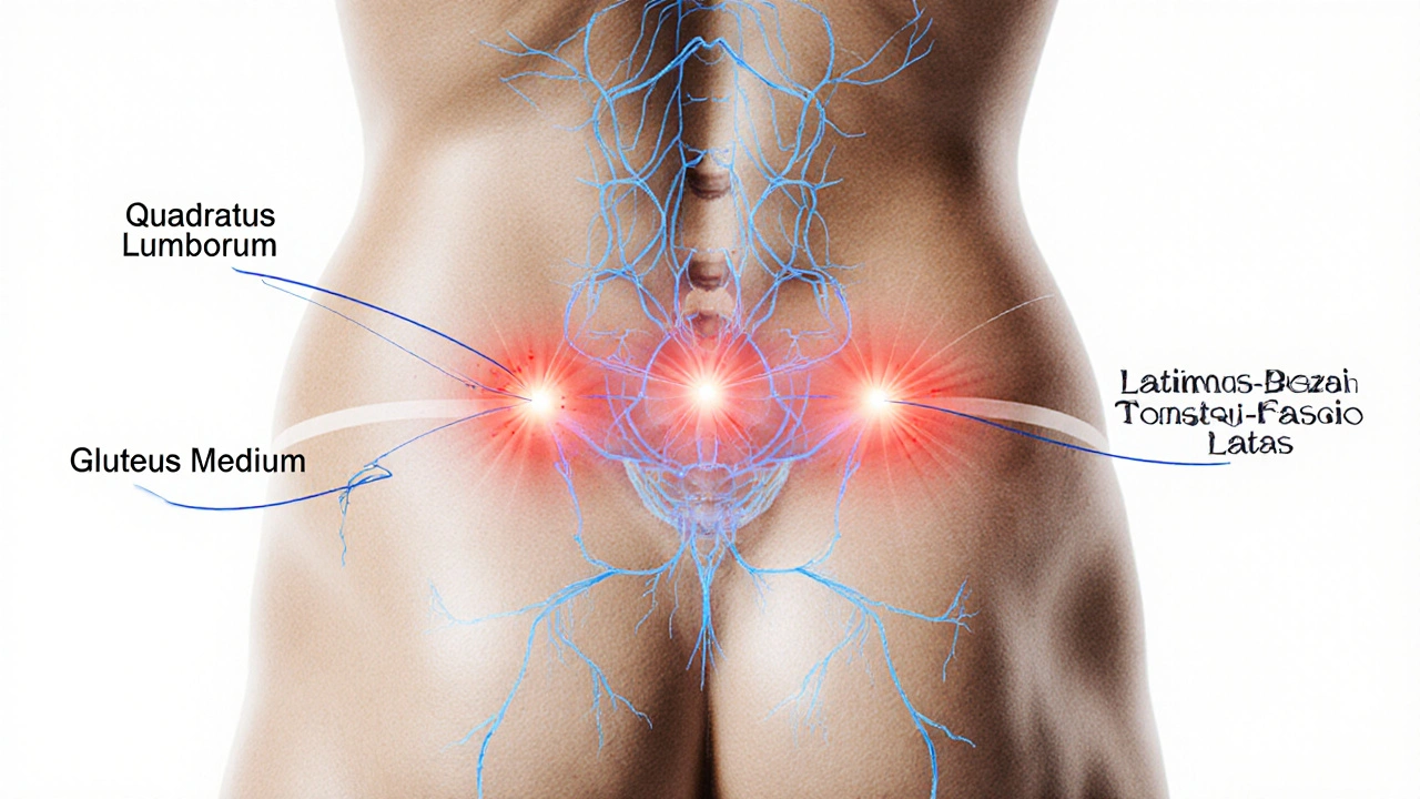 Anatomische Darstellung der häufigsten Triggerpunkte bei Rückenschmerzen mit Schmerzstrahlungen.