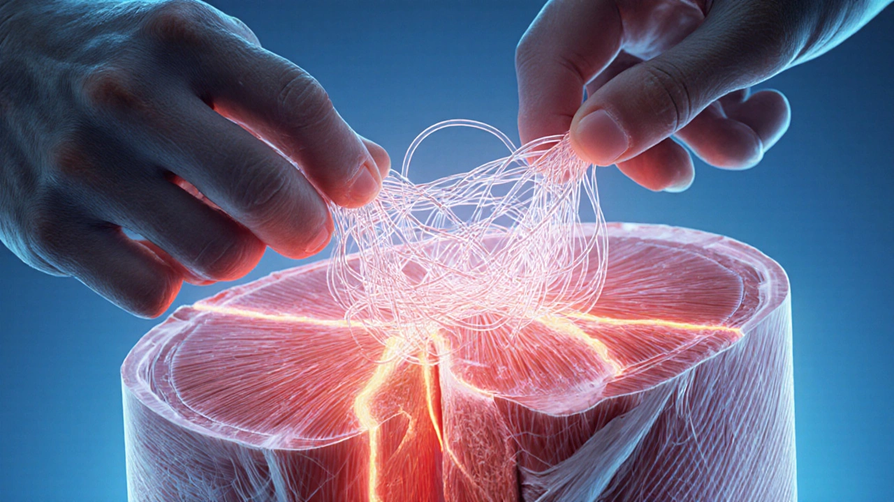 Cross-Section von Muskelfasern, die durch Massage gelöst werden, mit blut- und lymphfluss-Darstellung.