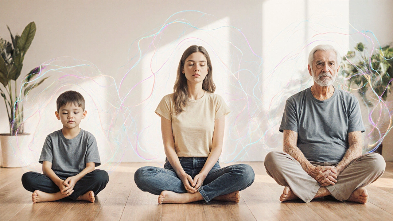 Drei Menschen in stiller Ruhe, umgeben von feinen Linien, die die Entspannung ihres Nervensystems darstellen.