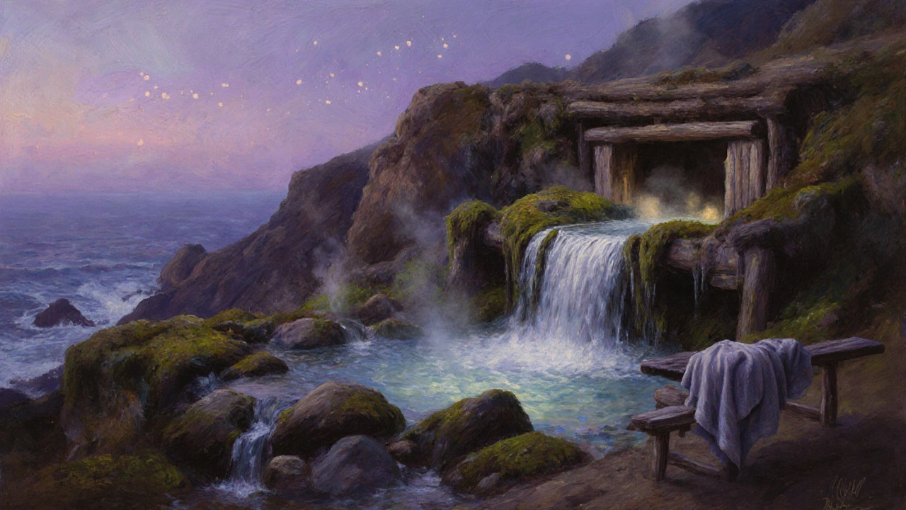 Ein heißes Thermalbad in den Felsen von Big Sur, dampfendes Wasser und moosige Steine bei Dämmerung.