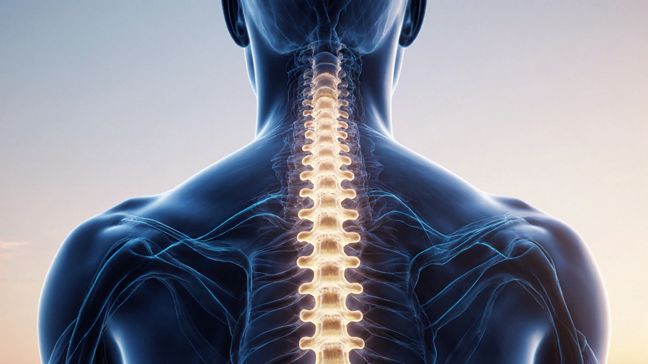 Eine leuchtende Wirbelsäule in sanften Farben, umgeben von Energiewellen, die Entspannung und Selbstregulation symbolisieren.