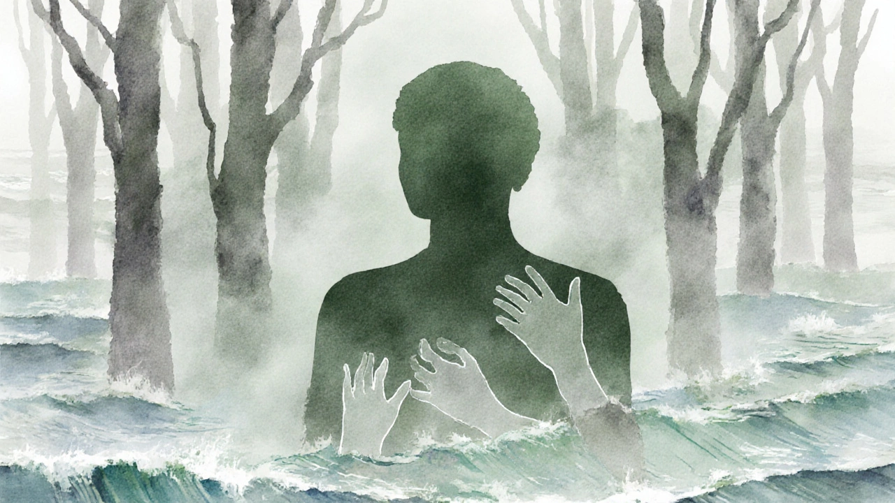 Eine menschliche Silhouette, die sich in Wald und Wellen auflöst, Symbol für innere Verwandlung.