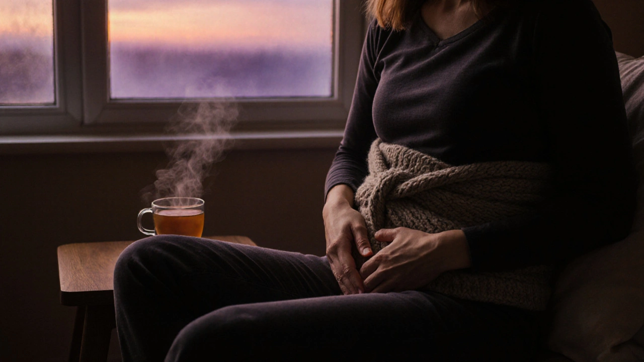 Frau führt eine Selbstmassage am Abend durch, mit Wärmegürtel und Tee, in ruhiger Zuhauseatmosphäre.