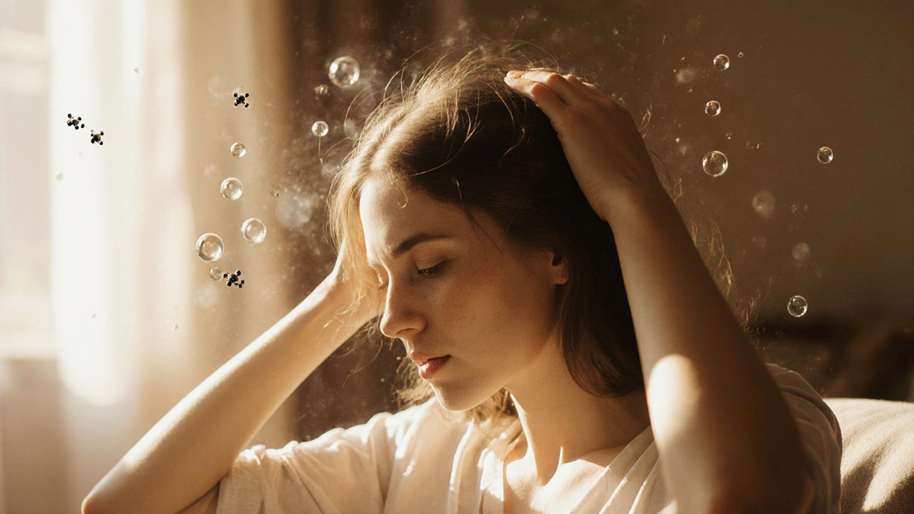 Frau massiert selbst ihre Kopfhaut in ruhiger, sonniger Umgebung mit symbolischem Frieden.