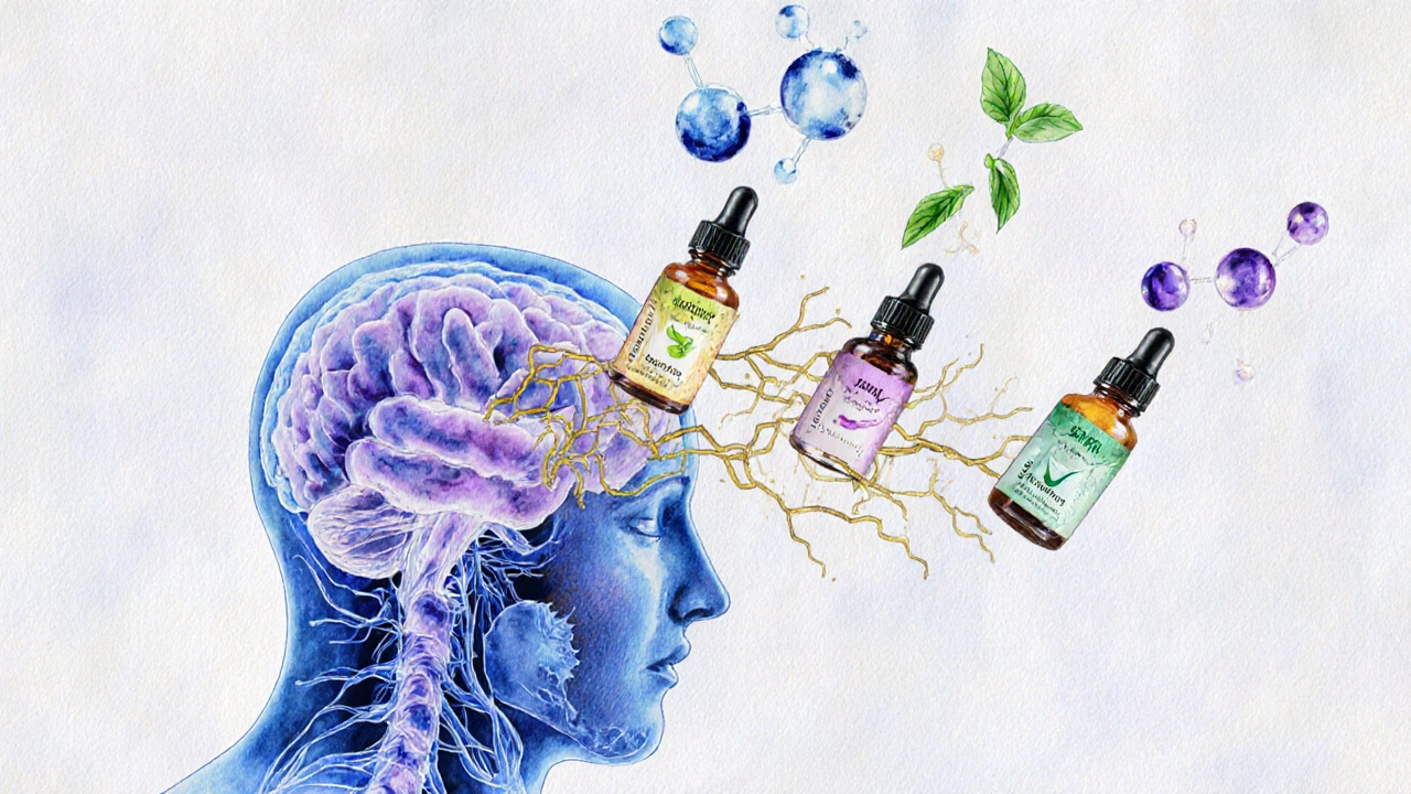 Künstlerische Darstellung von Duftmolekülen, die zum Hypothalamus fließen und Hormone regulieren.