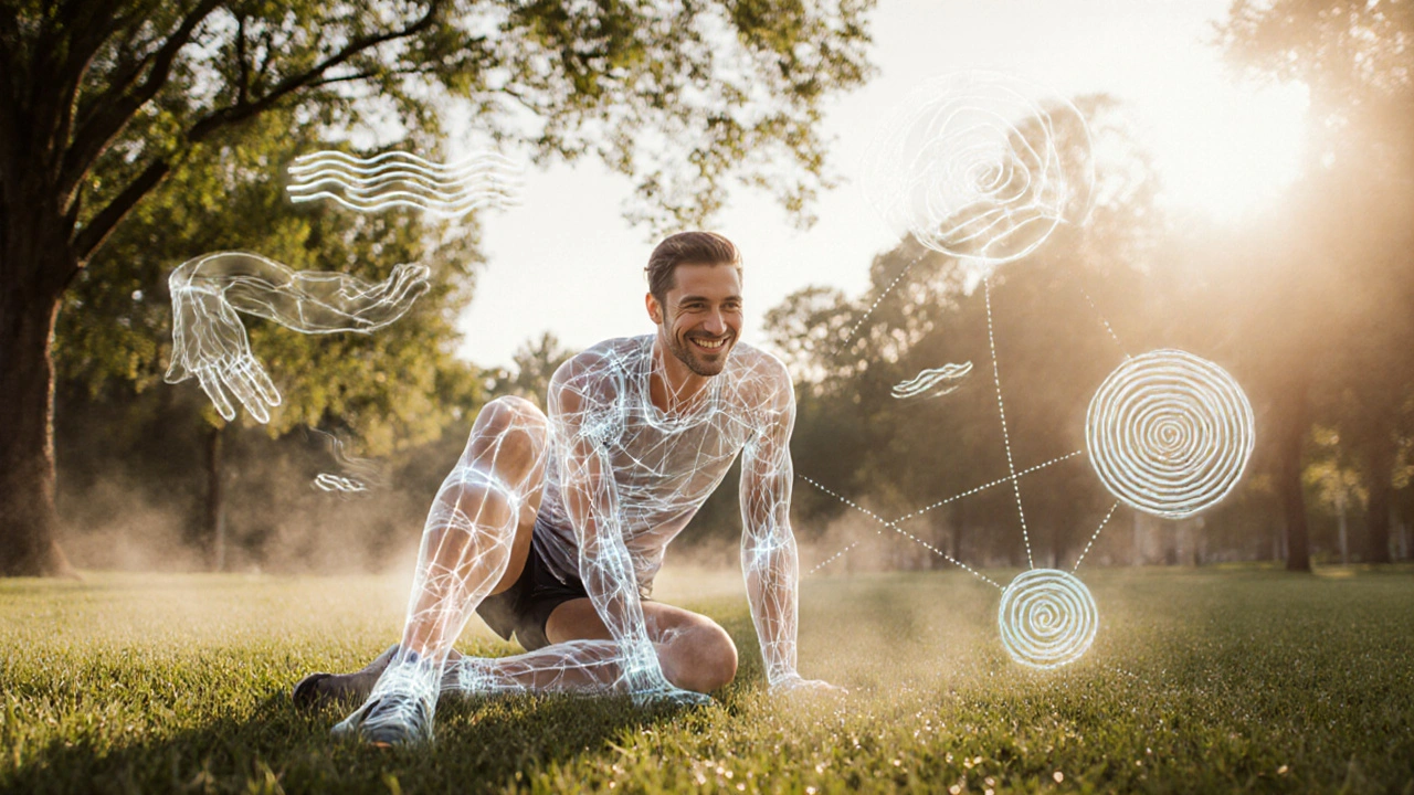 Läufer mit transparenten Massage-Effekten über dem Körper, symbolisierend Regeneration und Erholung.