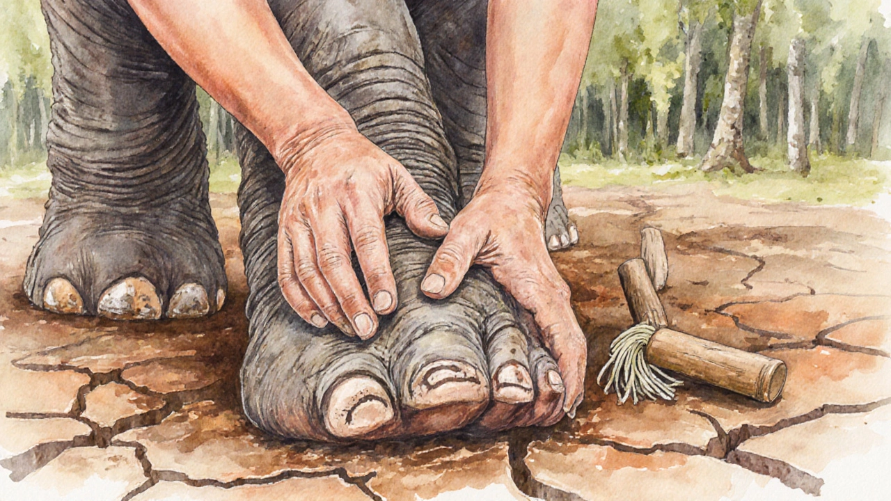 Nahaufnahme eines Elefantenfußes, der mit natürlichen Werkzeugen massiert wird, um Risse und Narben sichtbar zu machen.