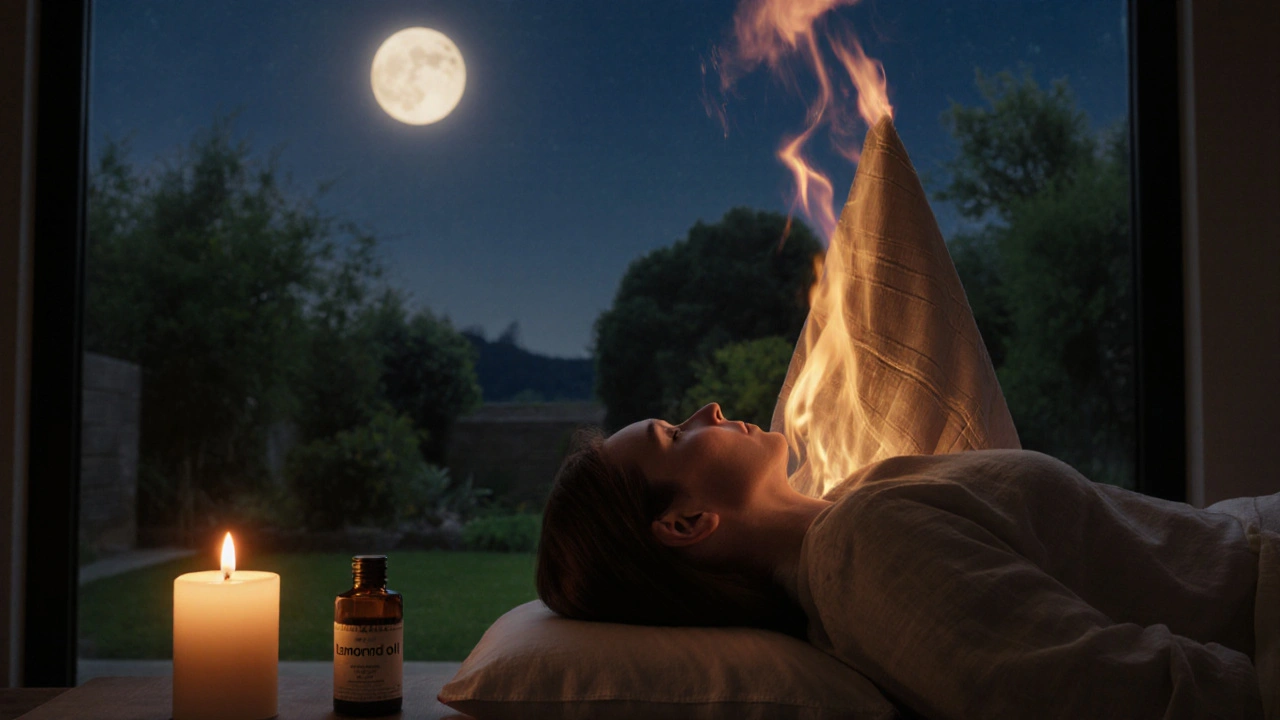 Person in leichter Kleidung, tief entspannt und eingeschlafen, während Wärme von einem Tuch in den Körper eindringt.