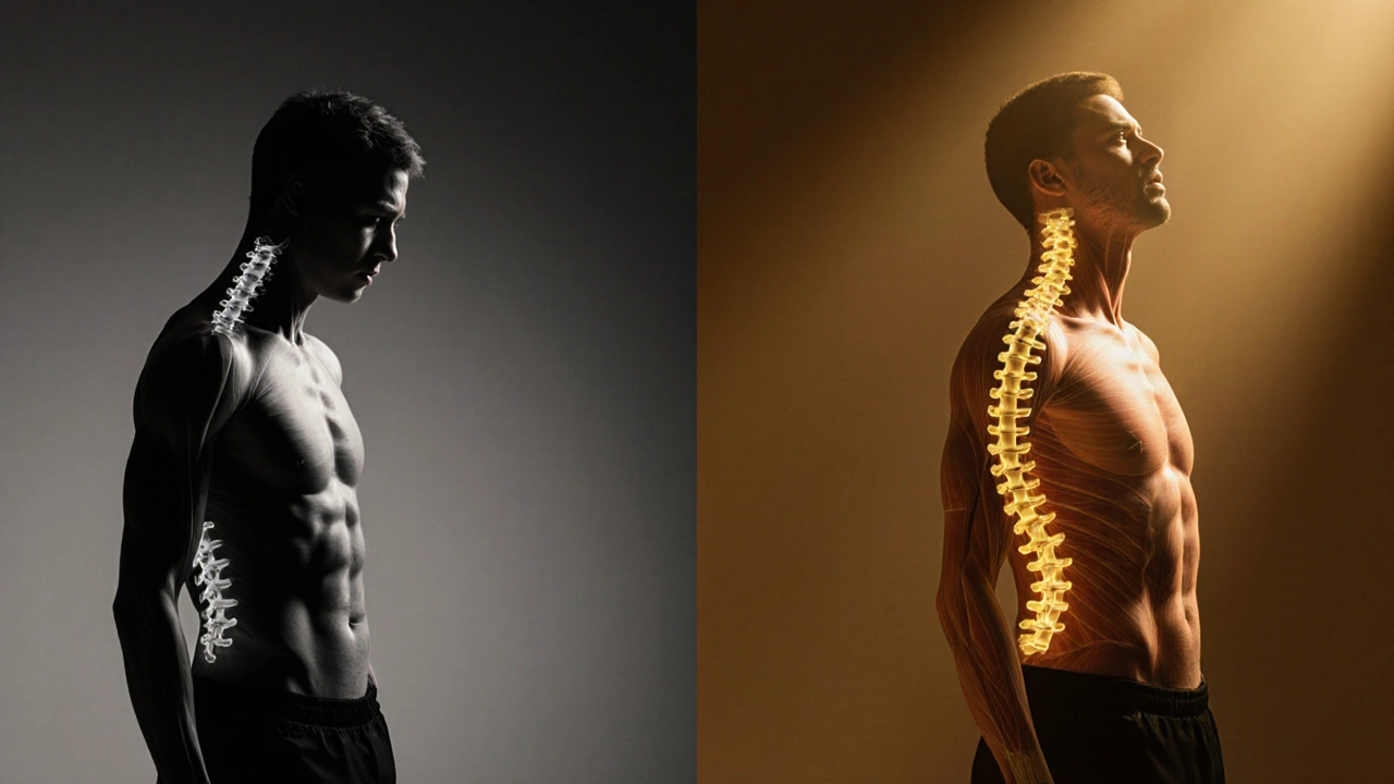 Vergleich von verspannter und entspannter Körperhaltung nach neuromuskulärer Massage.