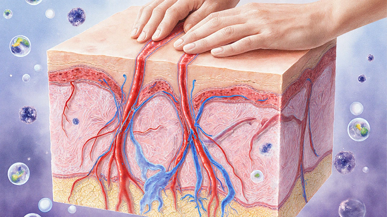 Wissenschaftliche Darstellung der Durchblutung und Lymphaktivierung in der Haut durch Massage.
