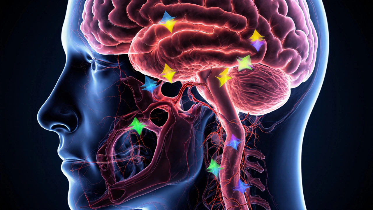 Wissenschaftliche Darstellung erhöhter Blutflussrate im Gehirn nach Champissage mit Nervenwegen.