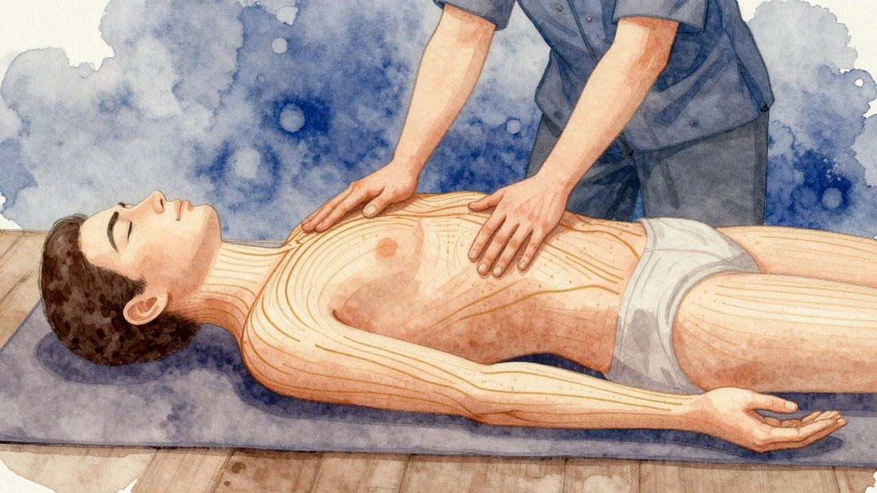 Goldene Energiebahnen fließen durch einen Körper, während Hände entlang der Meridiane wirken.