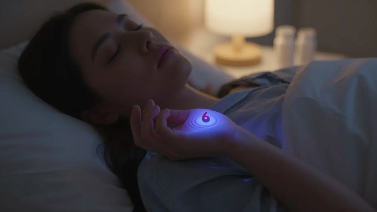 Hand drückt am Handgelenk einen Punkt, um Schlaf zu fördern – sanftes Licht und Ruhe im Zimmer.