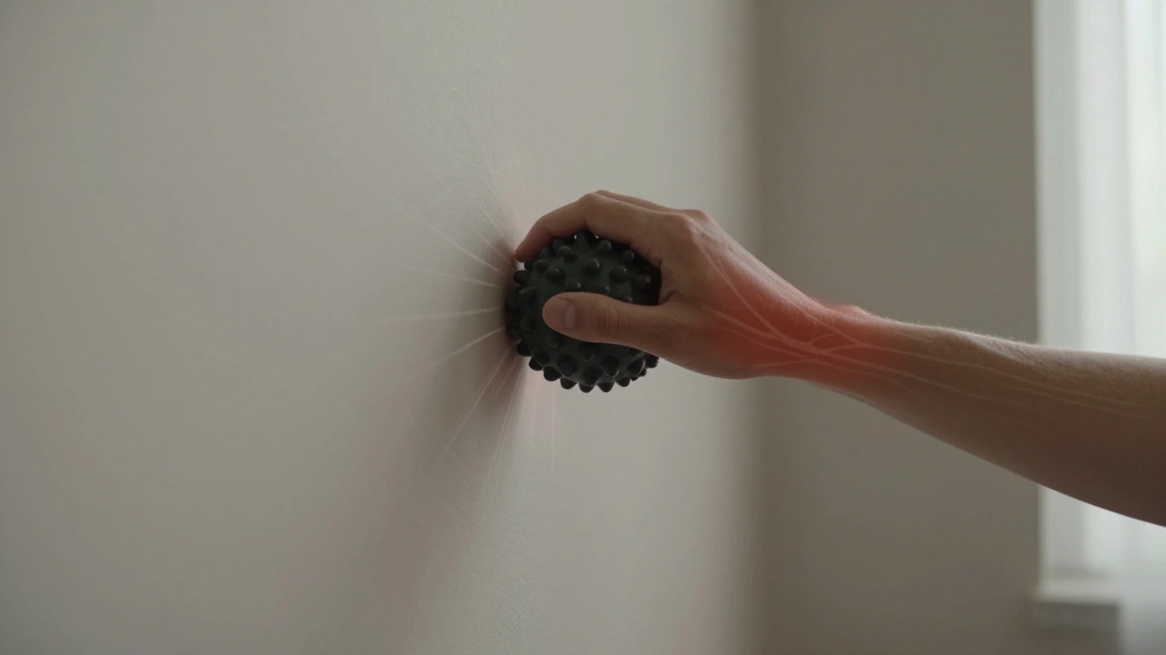Hand drückt einen Massageball an die Wand, während Schmerzstrahlen sichtbar sind.
