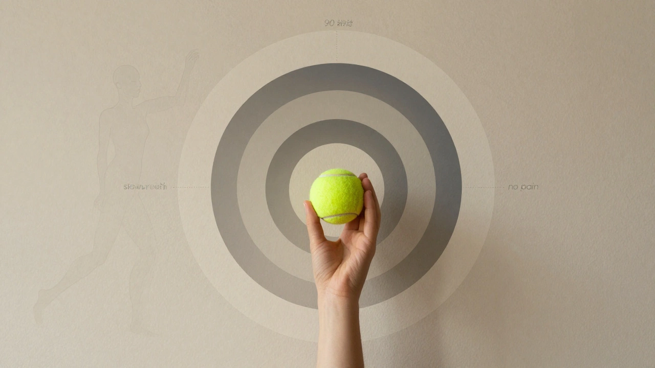 Hand hält Tennisball an der Wand, symbolisch für die drei Grundregeln der Faszien-Dehnung: Zeit, Langsamkeit, Atem.