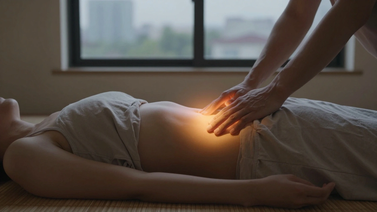 Hände ruhen auf dem Unterbauch, umgeben von einem sanften, wärmenden Lichtschein.