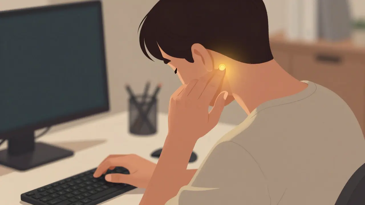 Mensch drückt am Hinterkopf einen Akupressurpunkt am Schreibtisch, um Nackenverspannungen zu lösen.