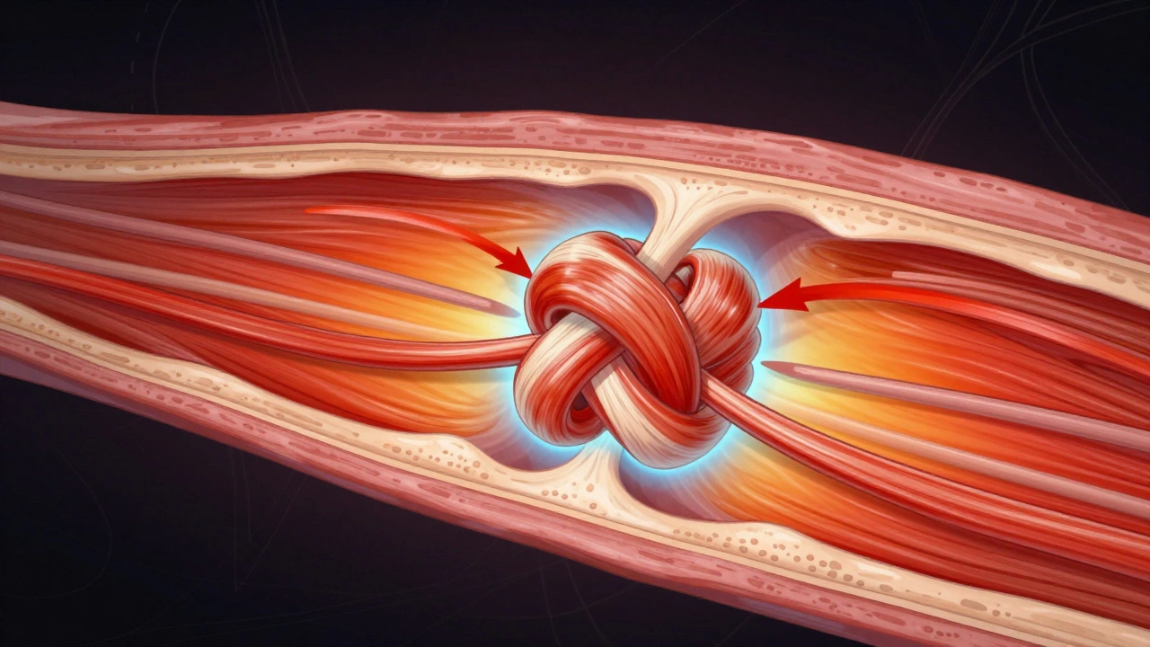 Querschnitt eines Muskels mit verhärtetem Knoten, der durch Durchblutung gelöst wird.