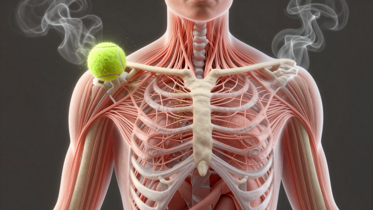 Transluzente Faszien-Netzwerk-Struktur unter der Schulter, gelöst durch einen Tennisball mit sanften Energiewellen.