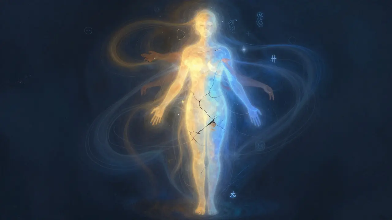 Abstrakte Darstellung des menschlichen Energieflusses mit positiven und negativen Polen, die wieder in Balance kommen.