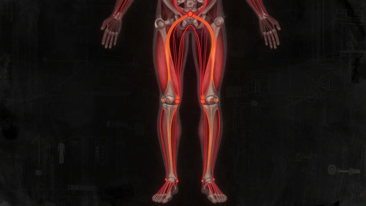 Anatomische Darstellung, wie eine verkürzte Sehne die gesamte Bewegungskette beeinflusst.