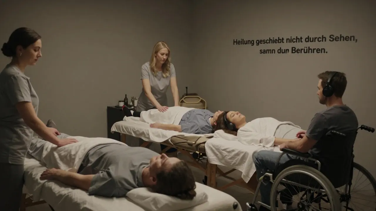 Drei Klienten in einem ruhigen Wellnesszentrum, von blinden Therapeuten berührt, ohne visuelle Ablenkung.