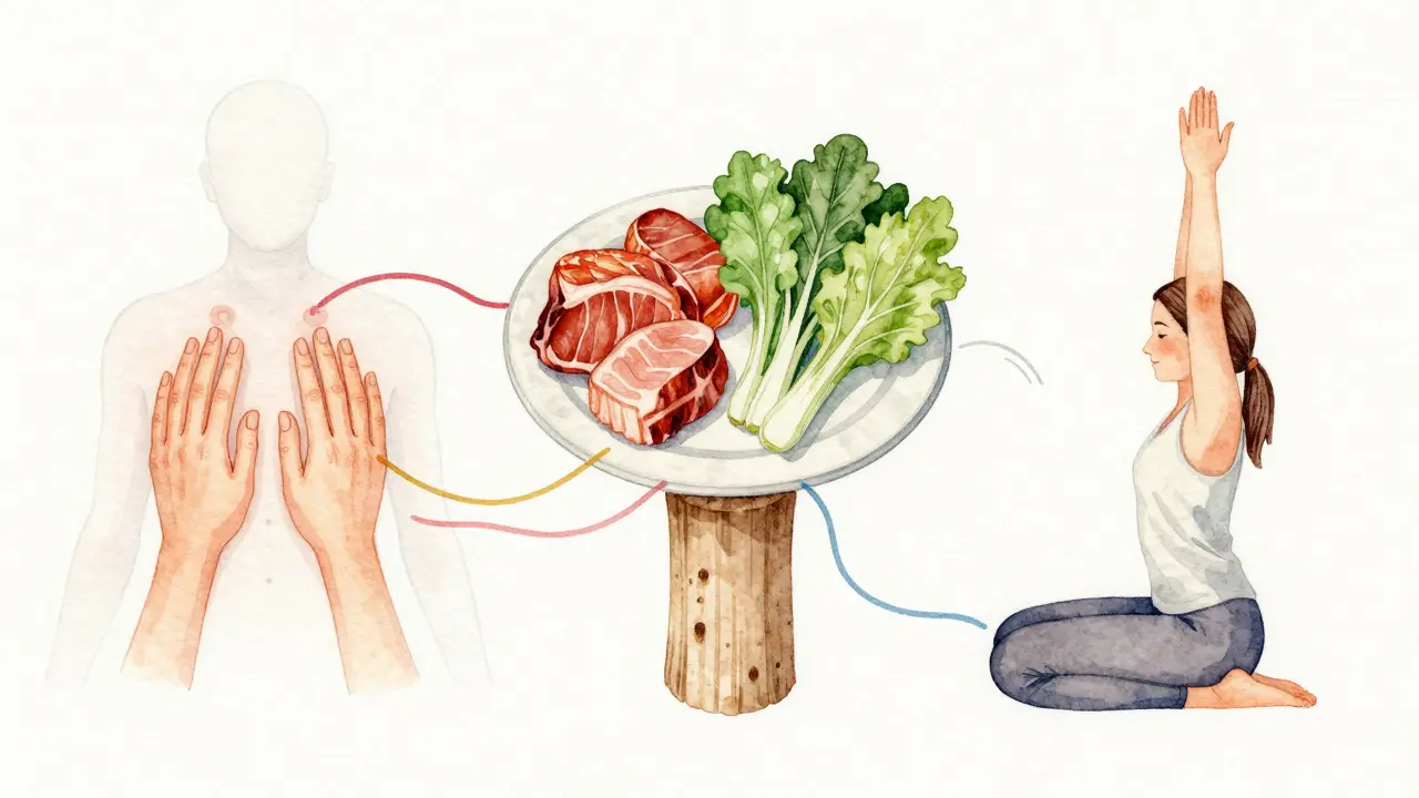 Drei Säulen der Polarity-Therapie: Körperberührung, ausgewogene Ernährung und bewusste Bewegung.