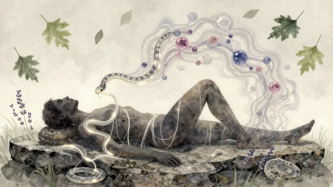 Ein menschliches Silhouett mit leuchtenden Energiebahnen, die dem Weg einer durchscheinenden Schlange folgen, symbolisch für innere Entspannung und neurologische Veränderung.