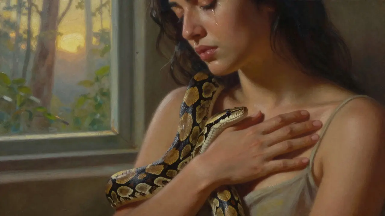 Eine Frau mit geschlossenen Augen, eine Schlange um Arm und Schulter gewunden, Tränen auf den Wangen, im Hintergrund ein morgendlicher Wald.