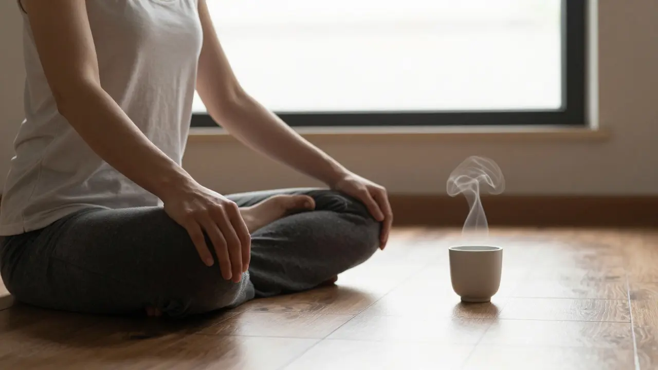 Mensch praktiziert Selbst-Reiki am Morgen im Sonnenlicht, ruhig und einfach, ohne Rituale oder Symbole.