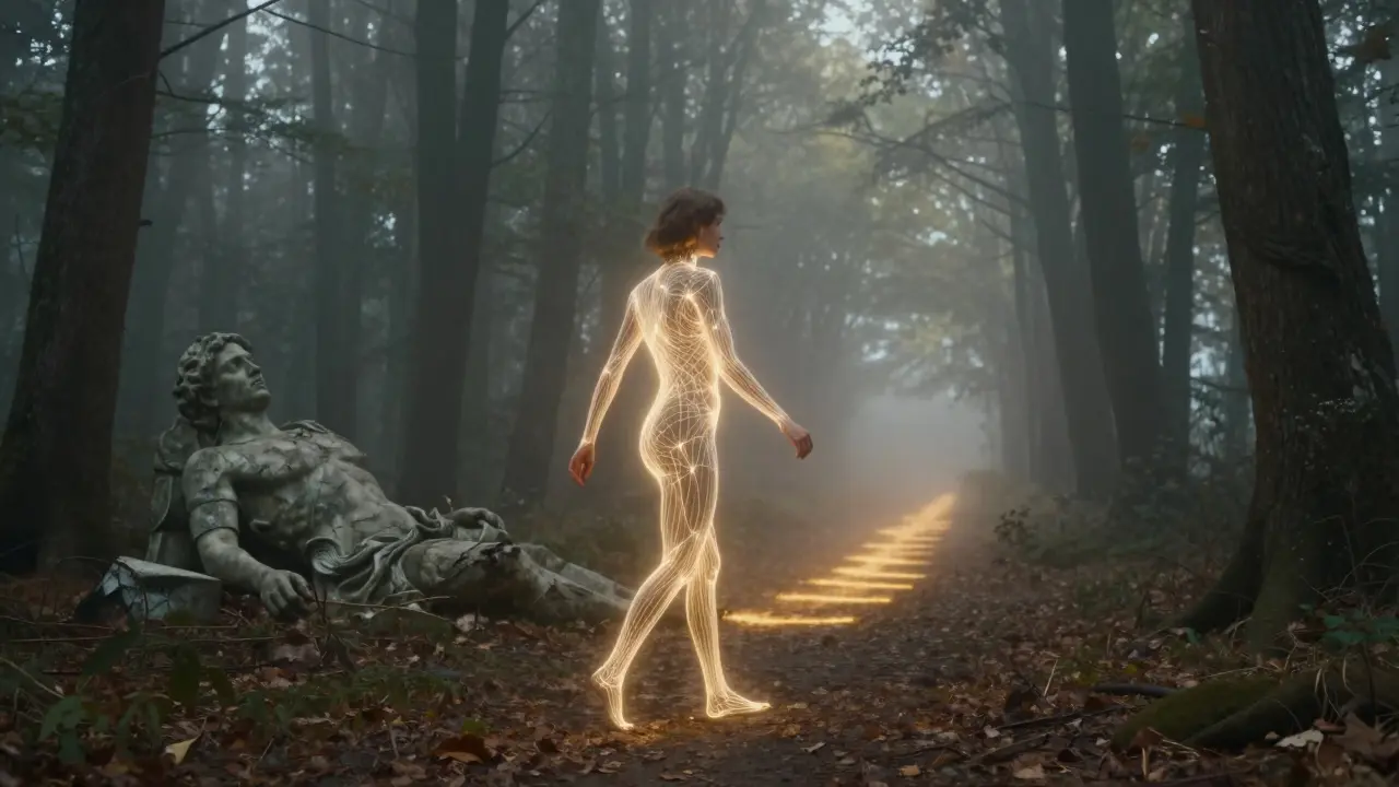 Person läuft durch einen Nebelwald, ihr Körper aus leuchtenden Fäden, symbolisiert Freiheit und Ausrichtung.