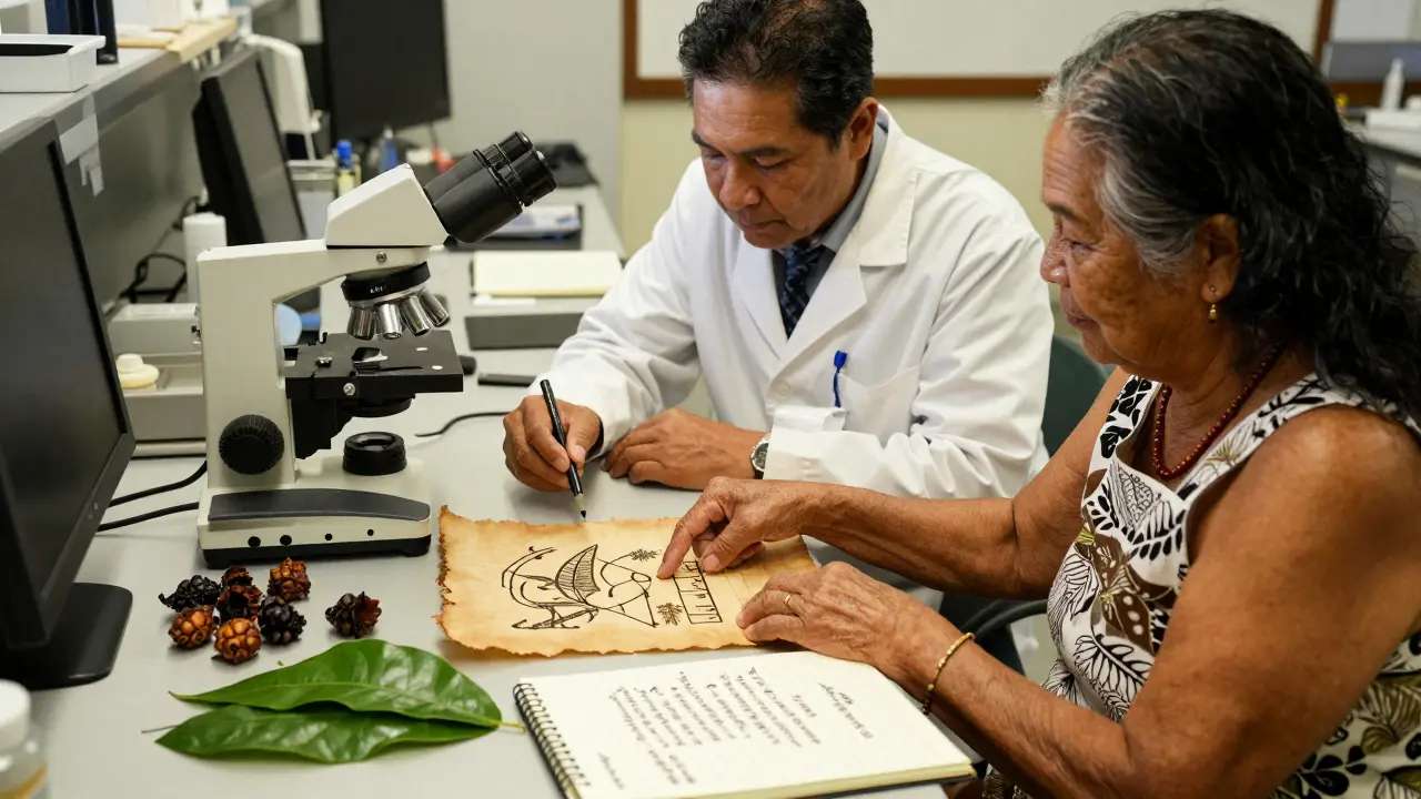 Ein ethnobotanischer Forscher und eine hawaiianische Elderin teilen Wissen über Heilpflanzen.