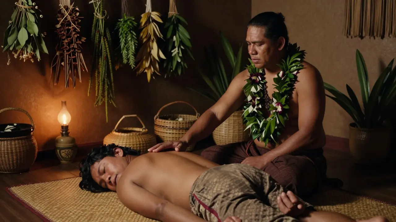Ein Kahuna hält die Hand über den Rücken eines Patienten in einem traditionellen Haus.