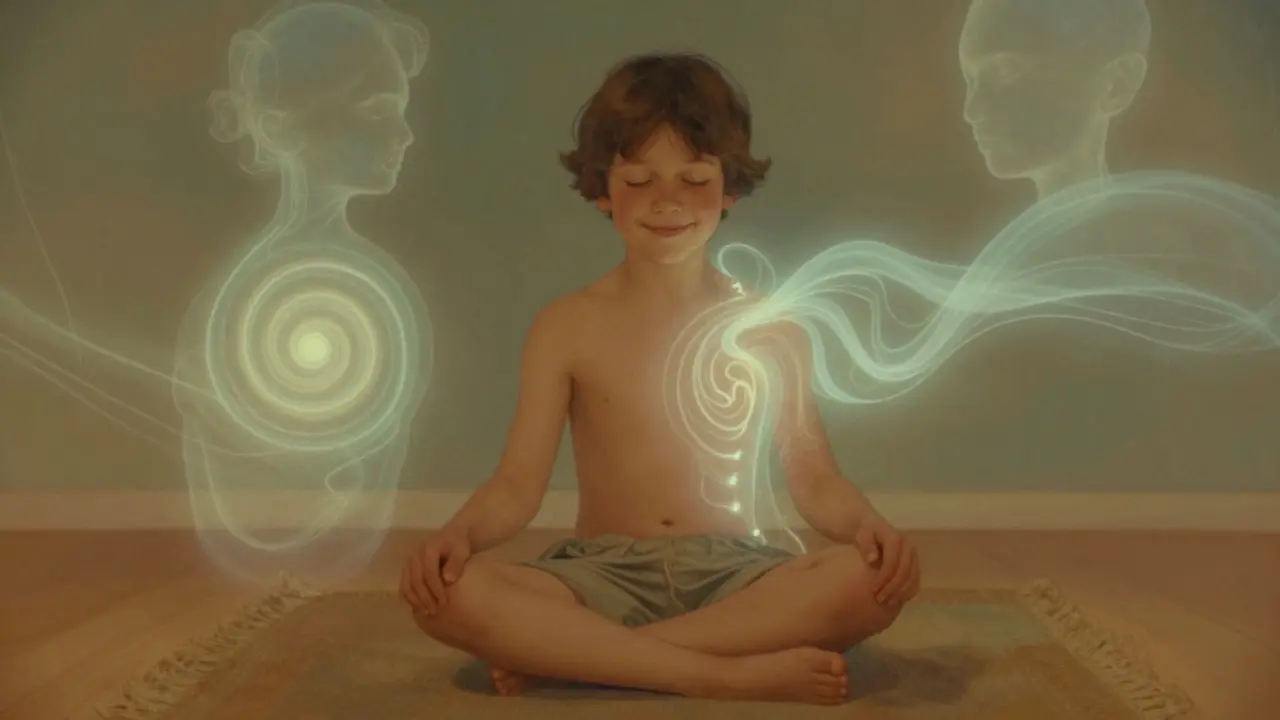 Ein Kind sitzt entspannt auf einem Teppich, mit einem sanften Lächeln, als würde es Wärme in seinem Körper spüren.