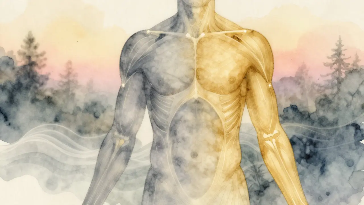 Ein Körper mit sanften, fließenden Lichtlinien, die Spannungen auflösen und Balance wiederaufbauen.