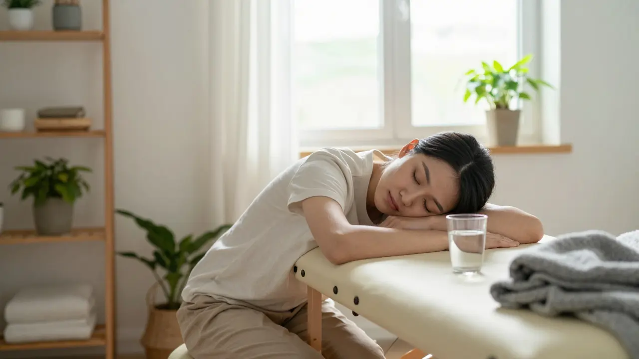 Eine Person erwacht langsam nach einer Massage, trinkt Wasser und blickt ruhig aus dem Fenster.