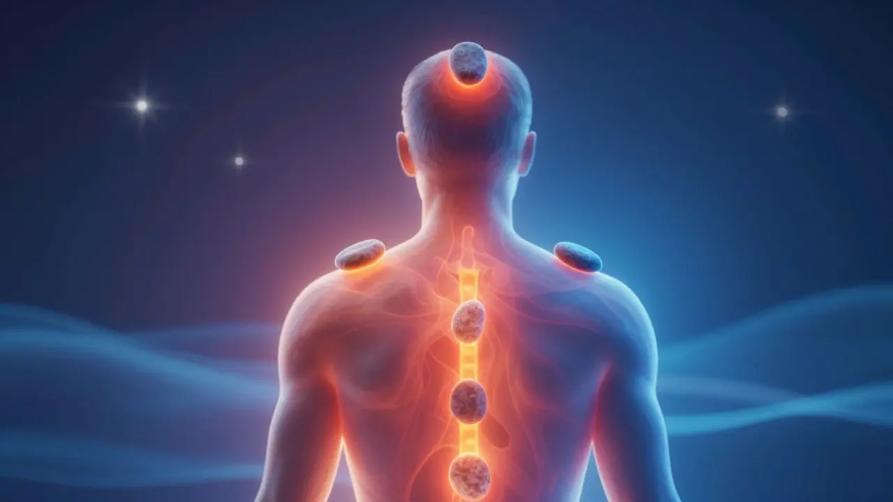 Eine Silhouette mit warmen und kalten Lichtstrahlen, die von Steinen auf Körperstellen ausgehen, symbolisieren Wärme- und Kältetherapie.