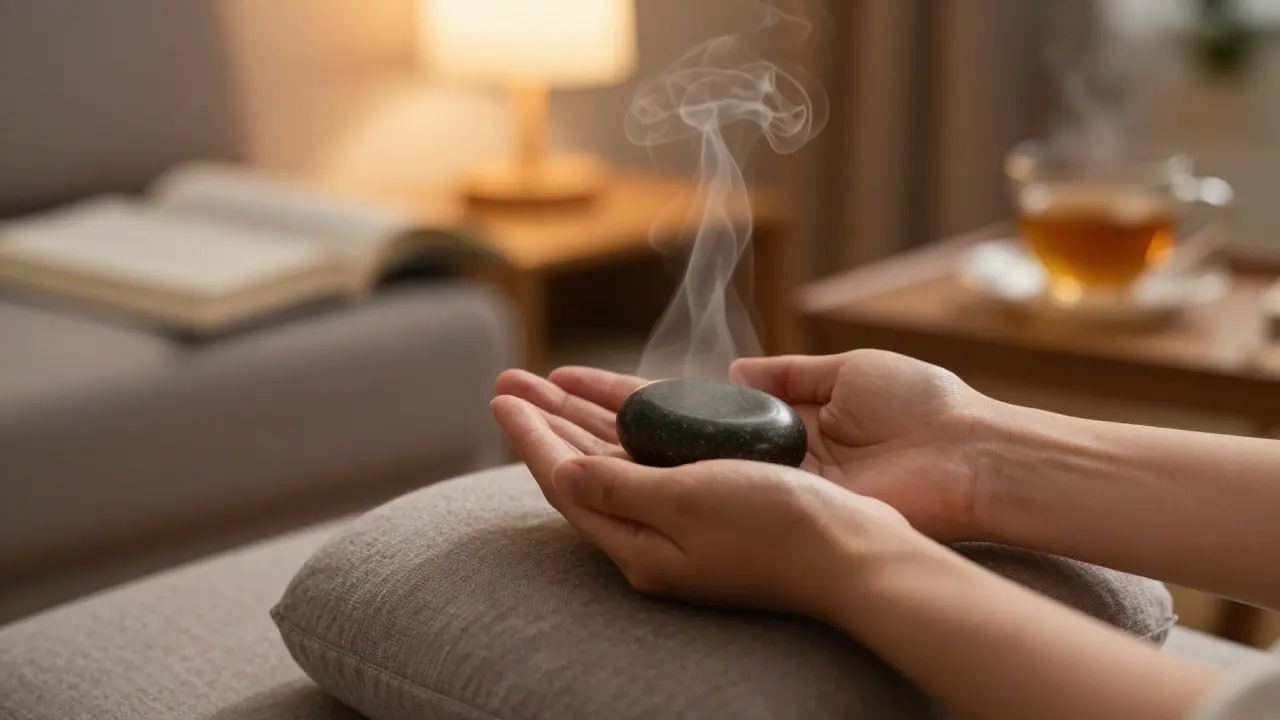 Hände legen einen warmen Stein vorsichtig auf die Handfläche, weiches Licht und eine gemütliche Atmosphäre.