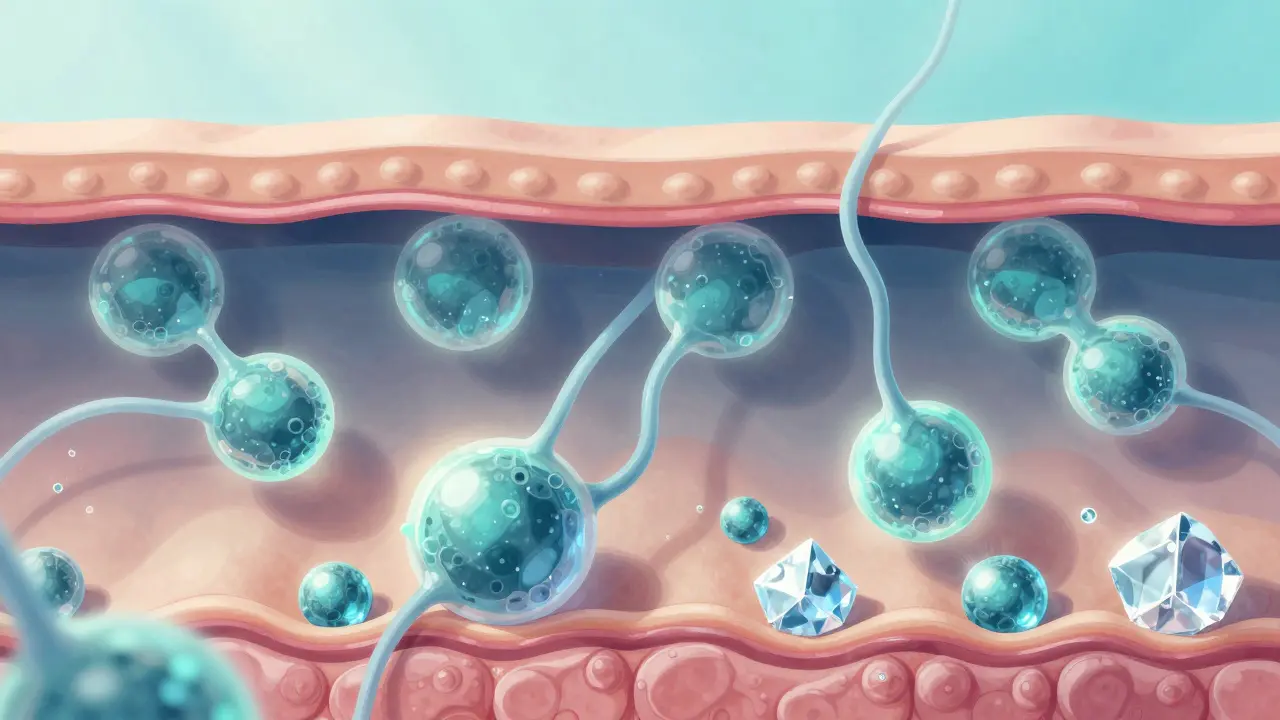 Mikroskopische Ansicht der Haut, in der Schneckenmucin-Moleküle Kollagen und Feuchtigkeit fördern.