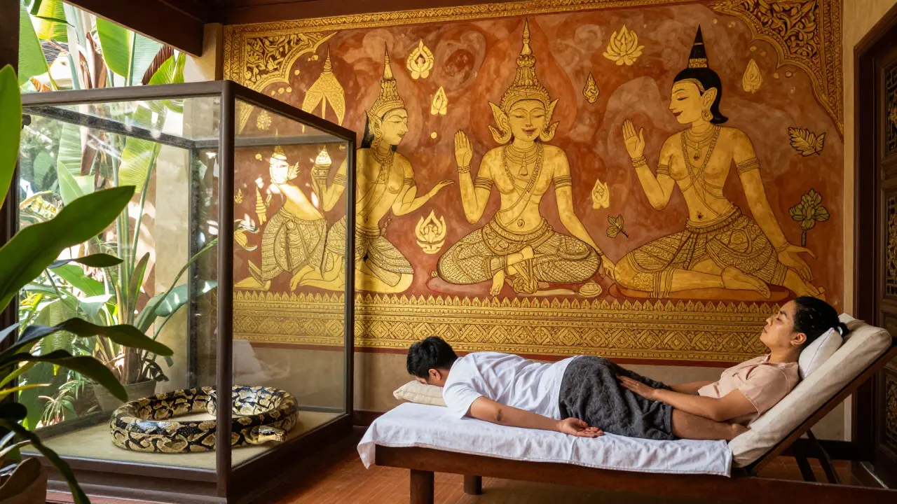 Nach Schlangenmassage: Klient ruht auf Liege, Python sicher, tropische Umgebung