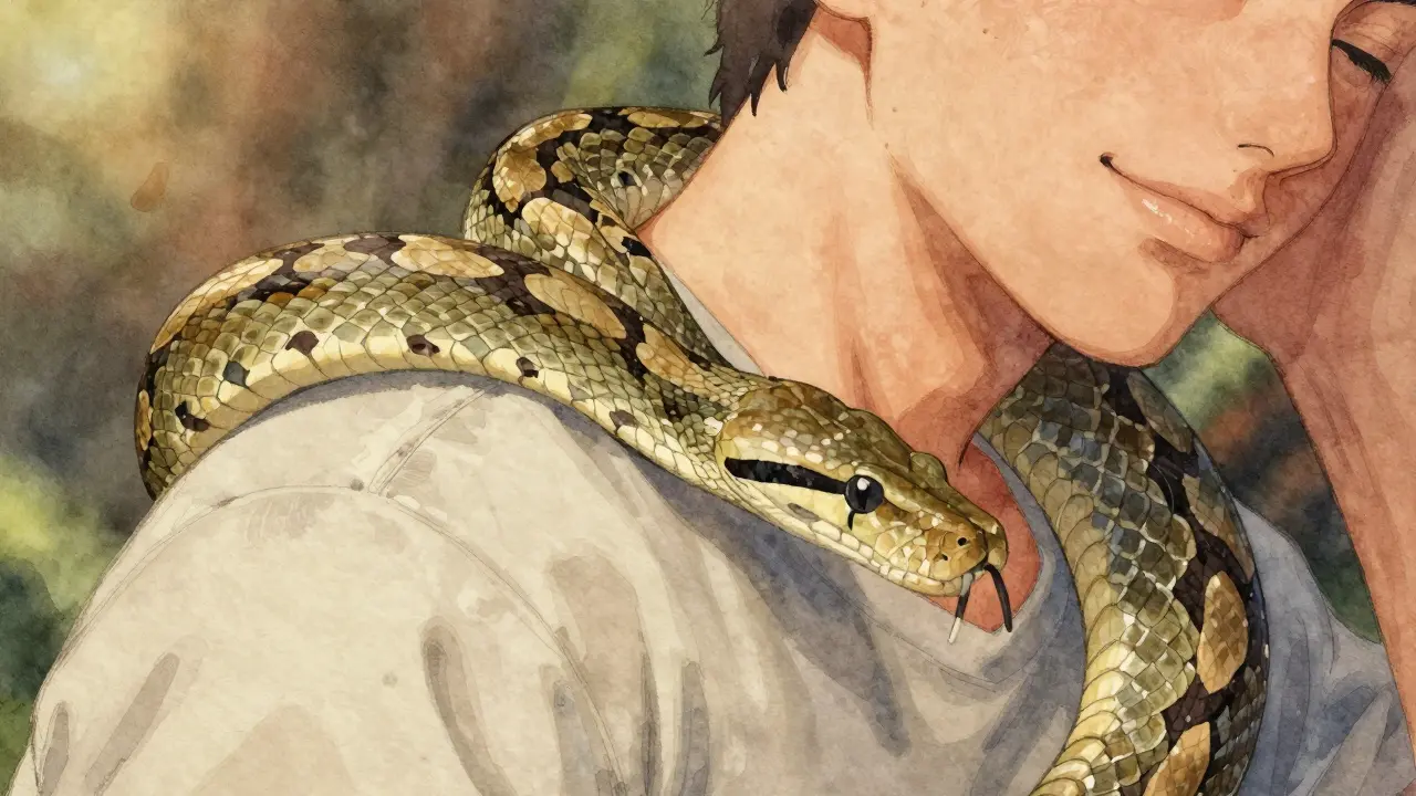 Nahaufnahme einer Python auf der Schulter einer entspannten Person in Wasserfarben