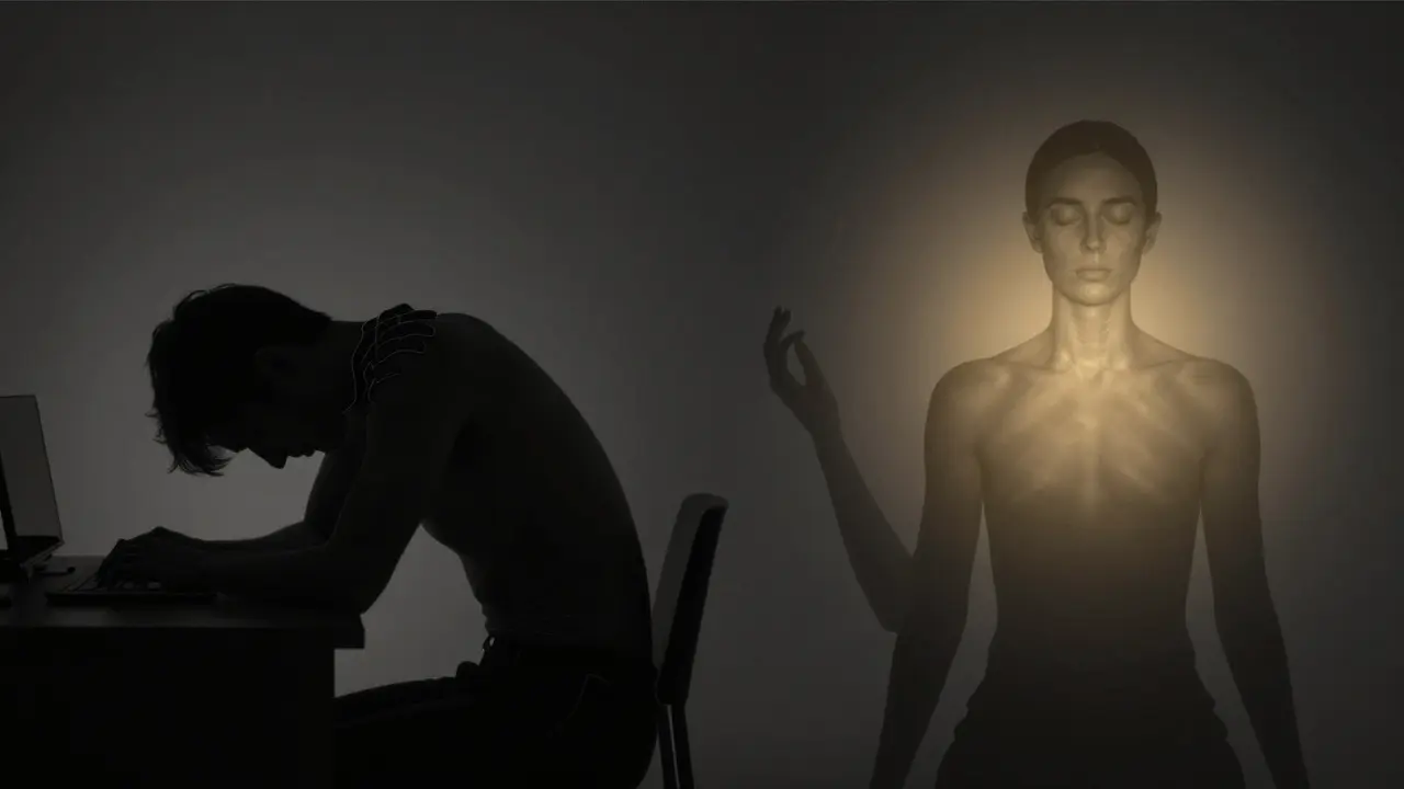 Vorher-Nachher-Darstellung: Spannung im linken Bild, Entspannung im rechten Bild, ohne körperlichen Kontakt.