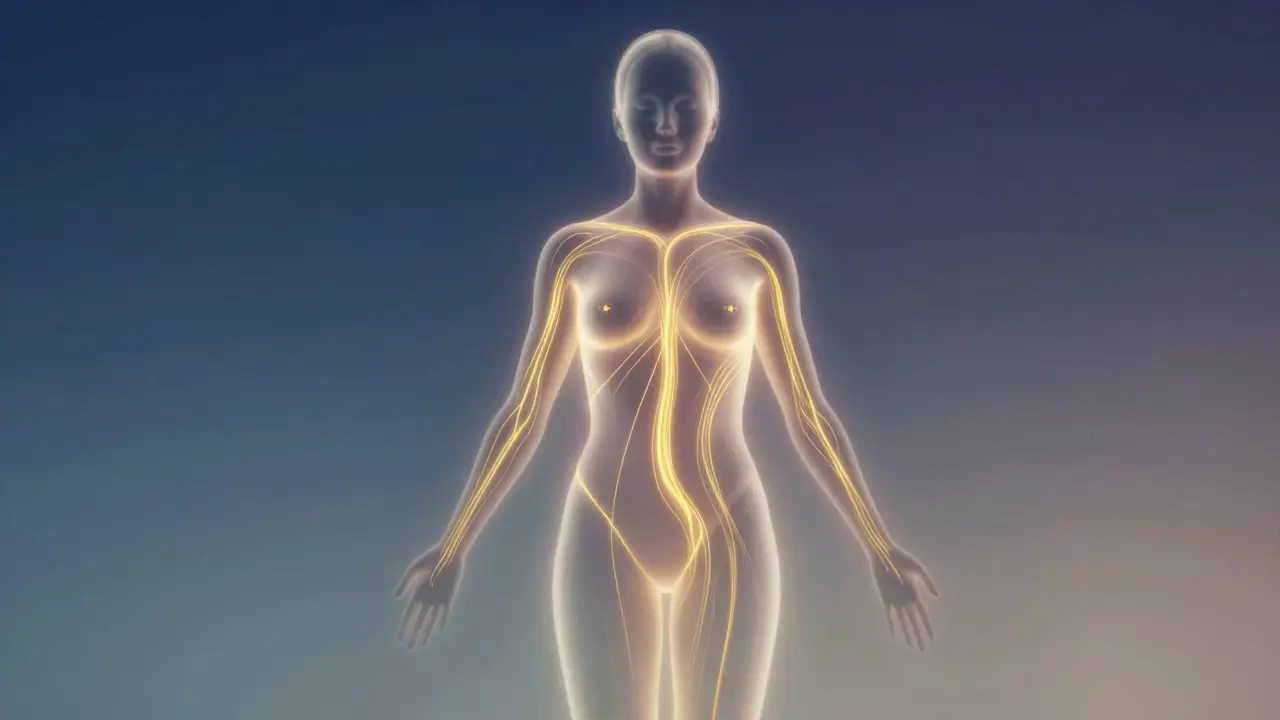 Abstrakte Silhouette mit goldenem Energiefluss für Gleichgewicht.